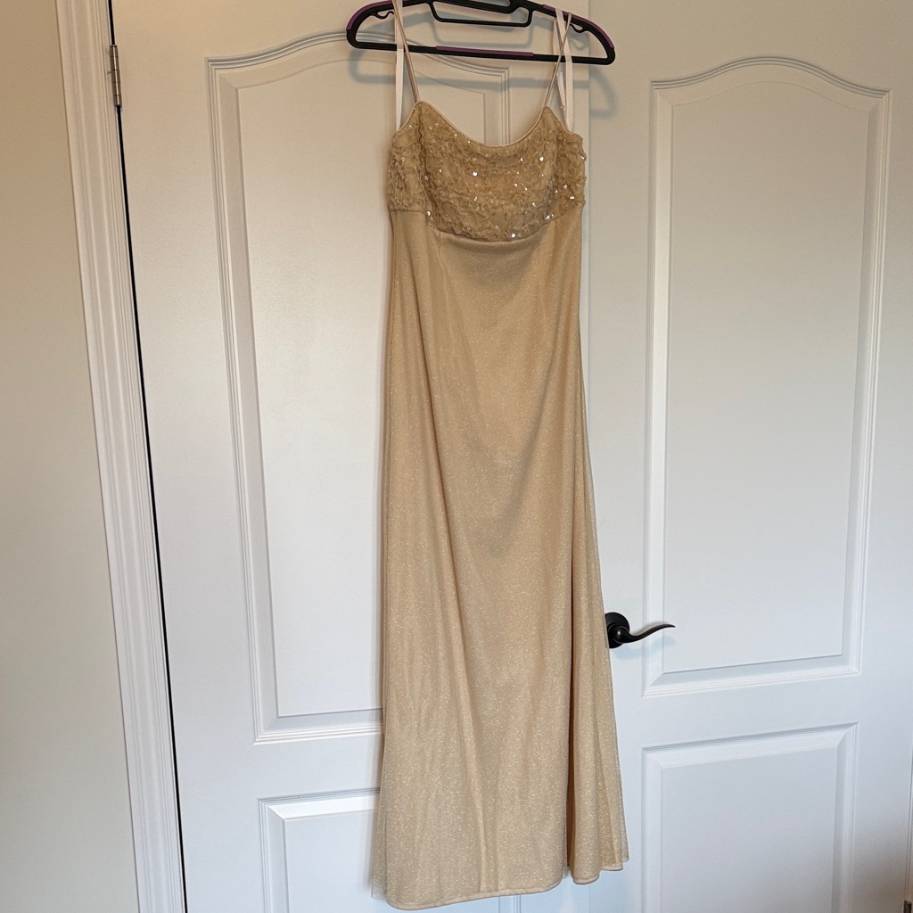 Beige/Gold Sequin-Embellished Strapless Evening Dress